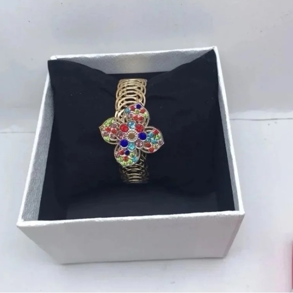 RARE Vintage Estate 18K Gold Multi Color Gemstone Flower Bangle Cuff Bracelet - Picture 12 of 12